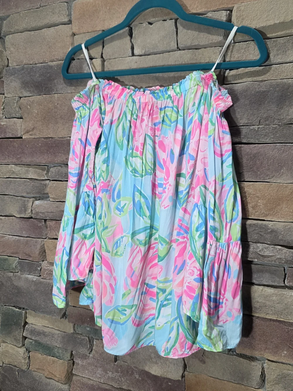 Lilly Pulitzer Shirt Blouse Nevie Off the Shoulder Totally Blossom Pink Small